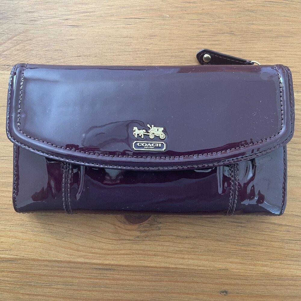 Coach Madison Plum Patent Leather Trifold Checkbook Wallet
